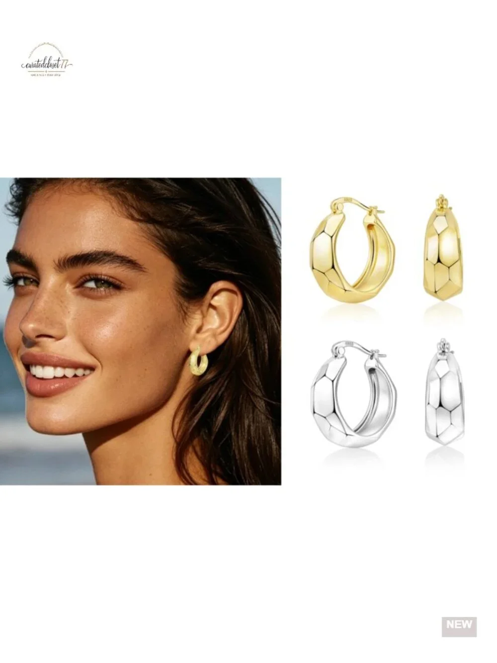 Chunky 925 Sterling Silver Hoop Earrings Diamond-Cut Hypoallergenic Lightweight